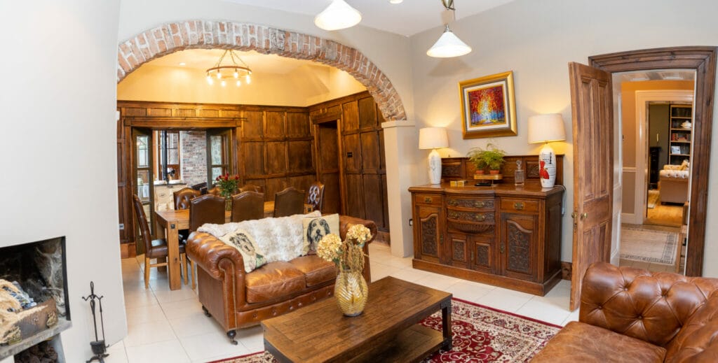 Wide shot of the spacious seating area at the limepark manor house